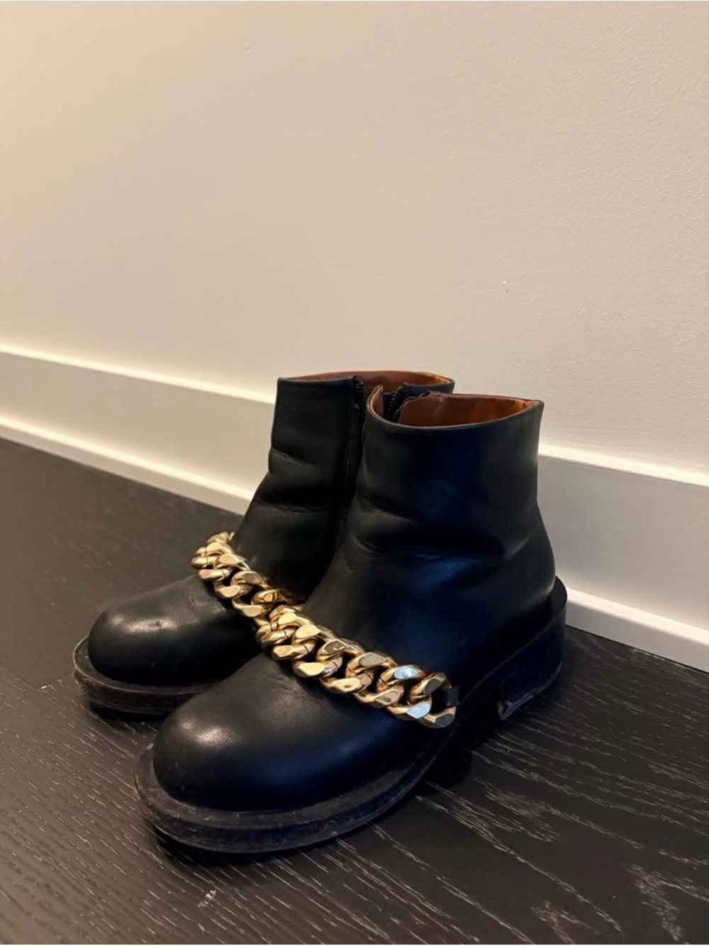 Givenchy Black Leather Ankle Boots with Gold Chain Accent